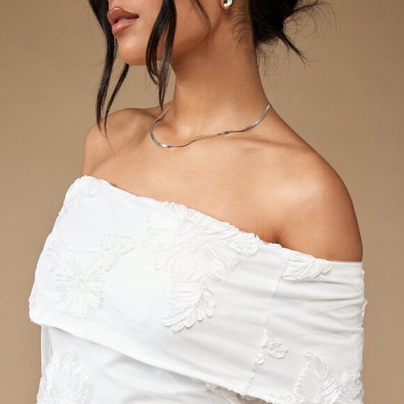 White Elegant Womens Embroidered Off Shoulder Long Sleeve Mini Bardot Dress - Picture 6 of 7